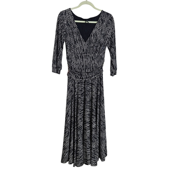 Lapis Faux Wrap Black Cream Polka Dot Dress Hidden Side Zipper size Medium - Picture 1 of 7